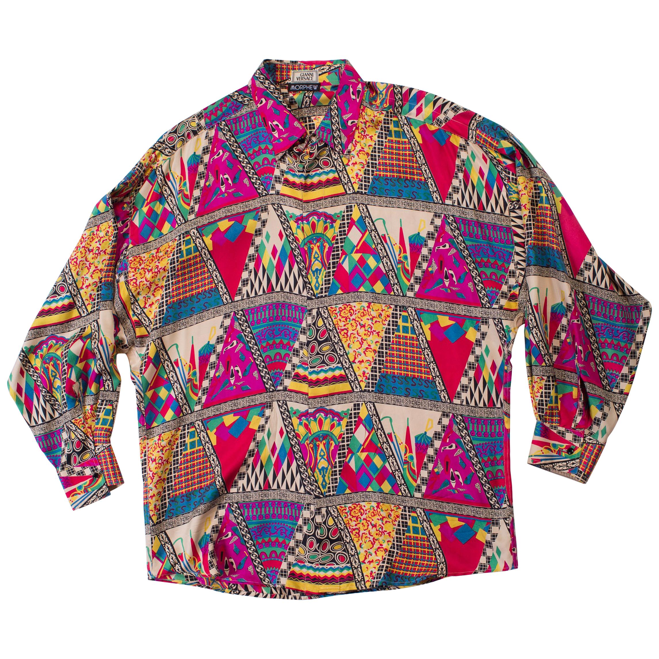 1990S GIANNI VERSACE Silk Twill Men's Abstract Pop Art Print Shirt Sz 48