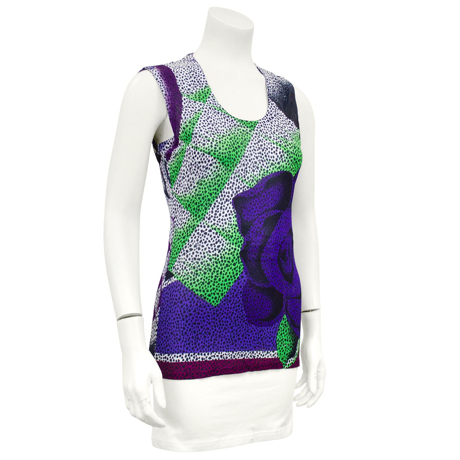 1990s Gianni Versace silk mesh sleeveless shirt with boat neckline. White, green and purple with all over animal print. Large rose detail on front with abstract rose details on back. Excellent vintage condition, fits like a US size 4. Made in Italy. 