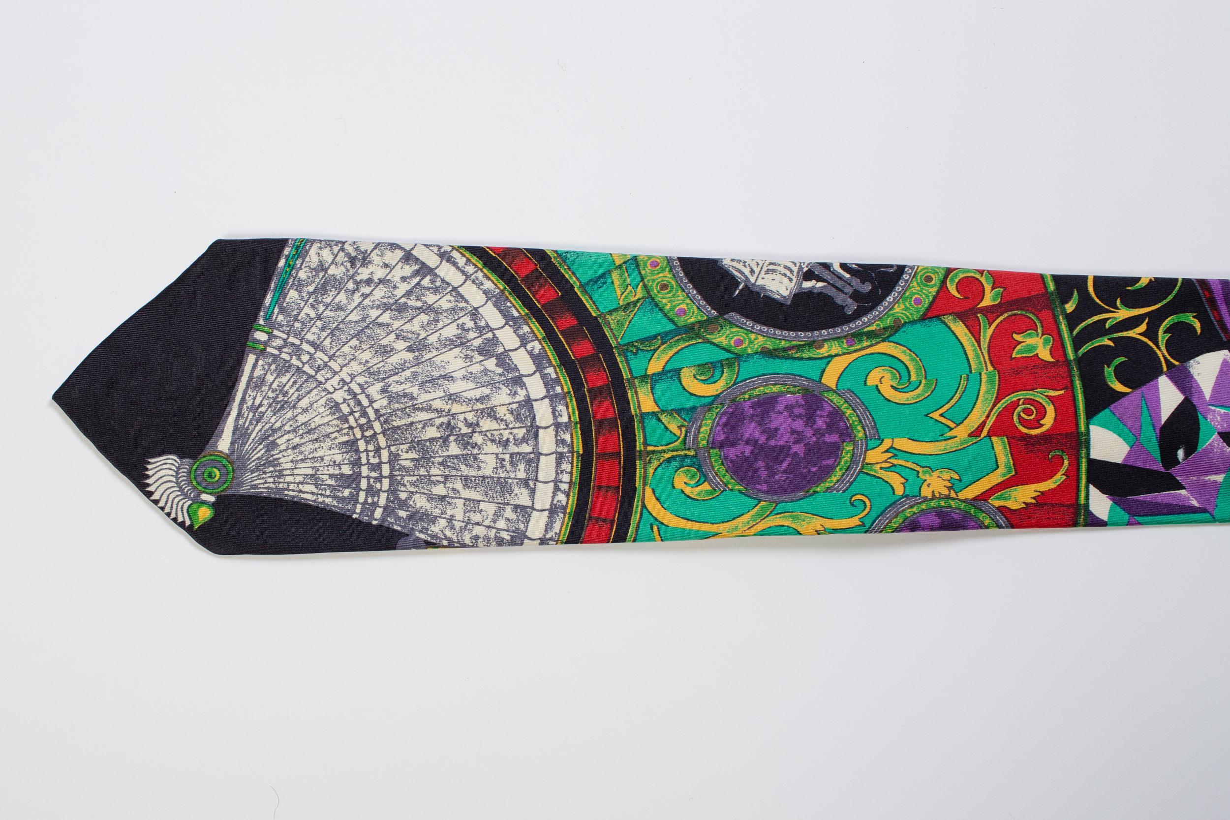 Gray 1990S GIANNI VERSACE Art Deco Fan Print Mens Silk Tie For Sale