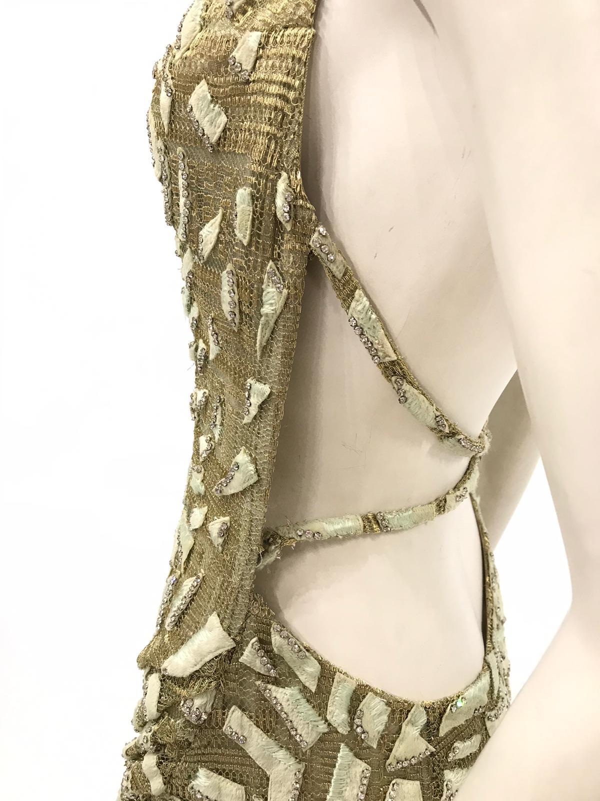 1990'S GIANNI VERSACE ATELIÉR Metallic Gold Lamé Lace Gown Covered In Crystals & Velvet Appliqués