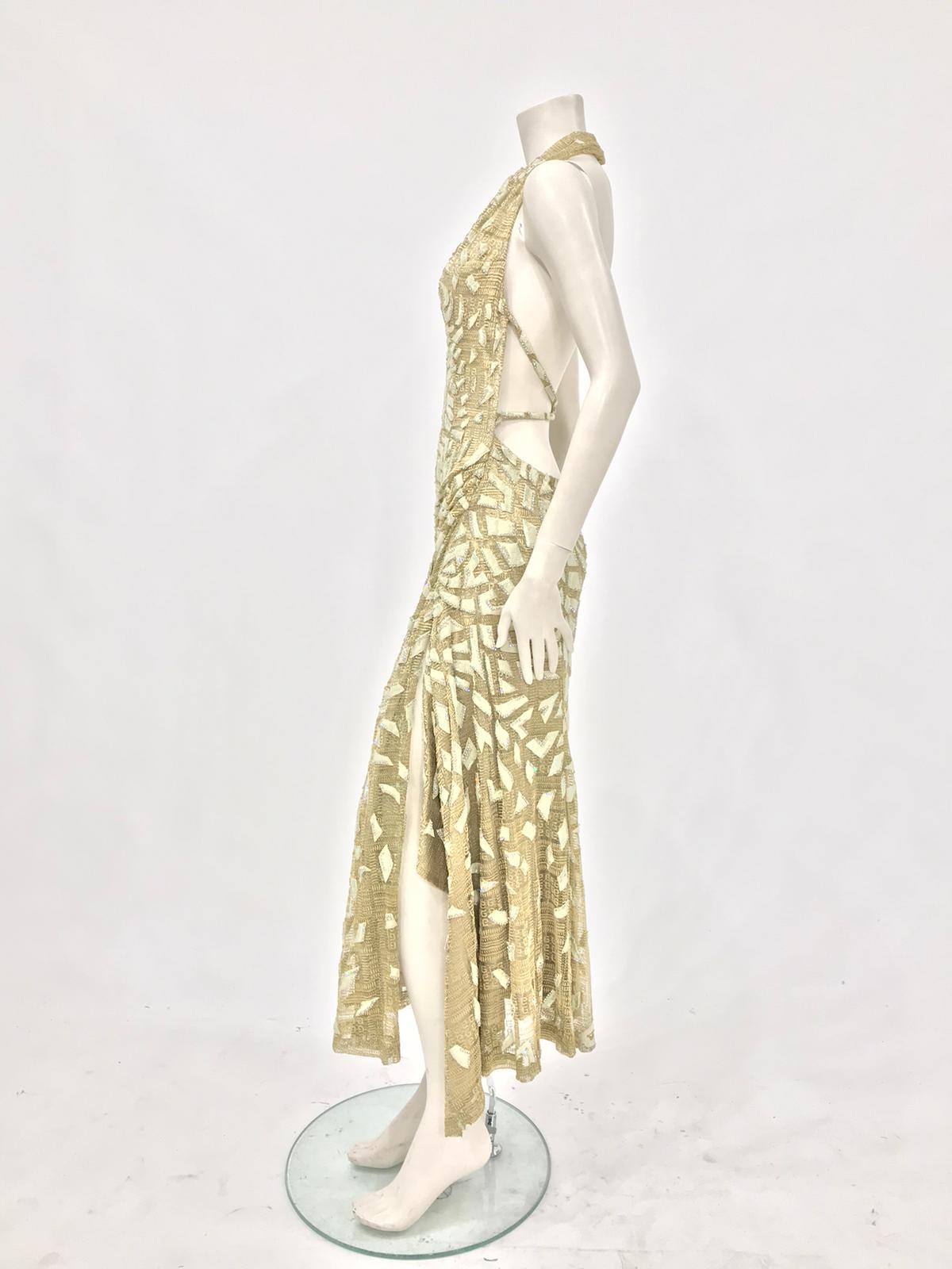 1990'S GIANNI VERSACE ATELIÉR Metallic Gold Lamé Lace Gown Covered In Crystals  In Excellent Condition In New York, NY