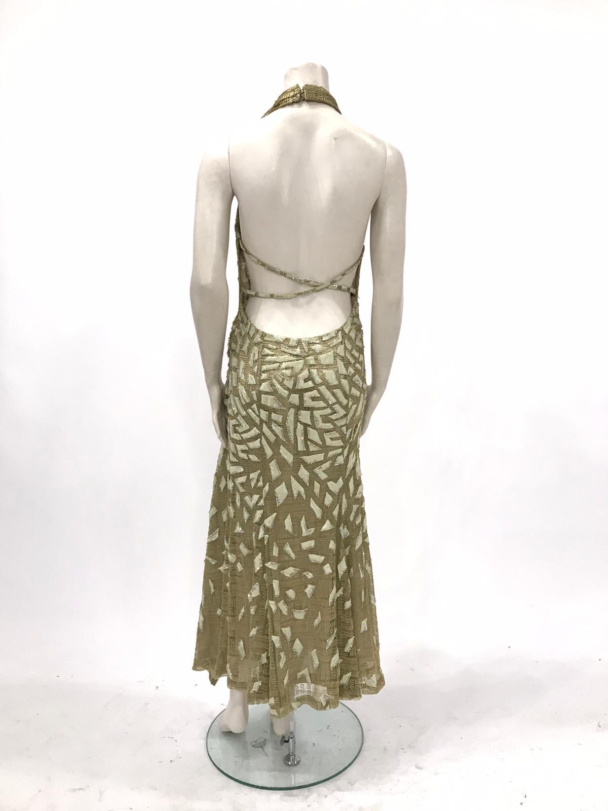 Women's 1990'S GIANNI VERSACE ATELIÉR Metallic Gold Lamé Lace Gown Covered In Crystals 