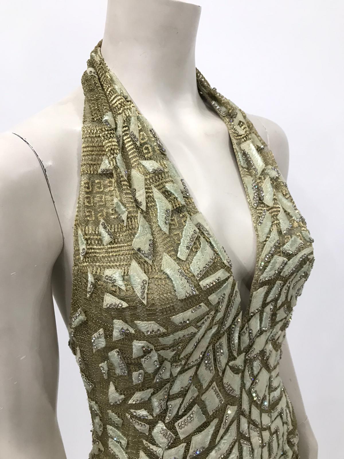1990'S GIANNI VERSACE ATELIÉR Metallic Gold Lamé Lace Gown Covered In Crystals  4