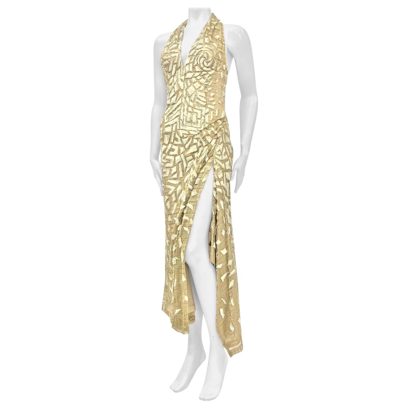 1990'S GIANNI VERSACE ATELIÉR Metallic Gold Lamé Lace Gown Covered In Crystals 