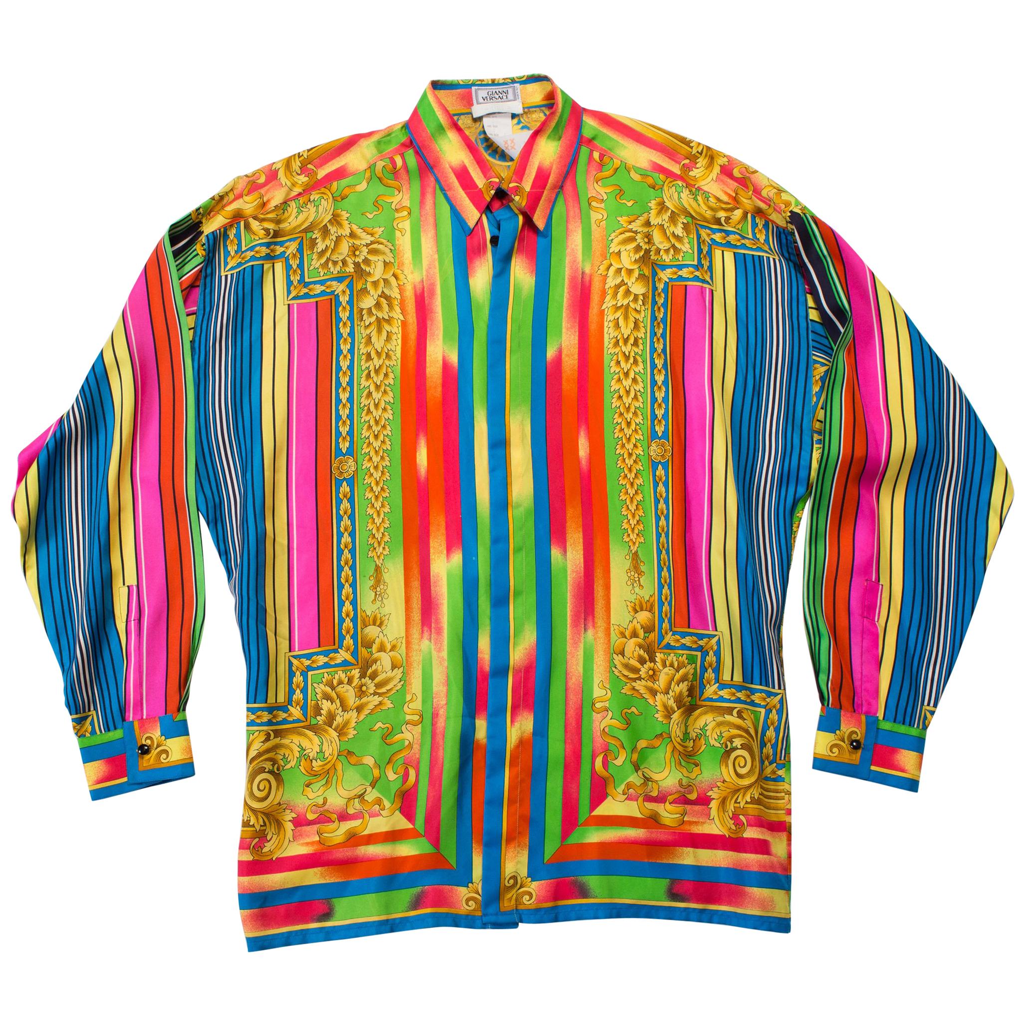 1990S  GIANNI VERSACE Rainbow Silk Men's Baroque Print Shirt
