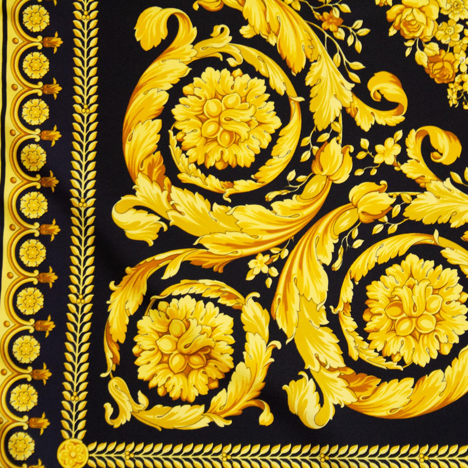 Yellow 1990s Gianni Versace Black and Gold Baroque Silk Scarf