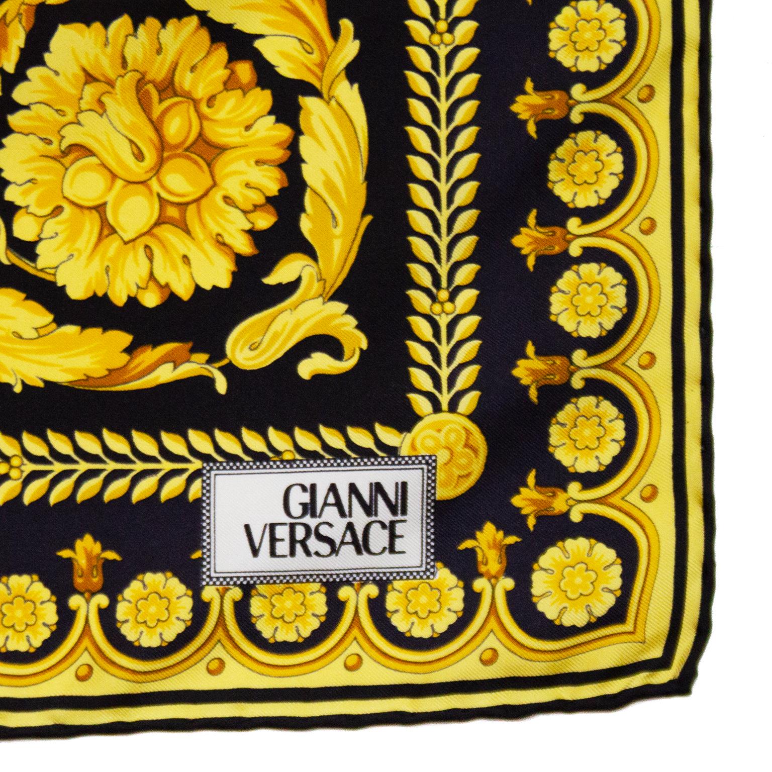 1990s Gianni Versace Black and Gold Baroque Silk Scarf In Good Condition In Toronto, Ontario
