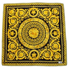 1990s Gianni Versace Black and Gold Baroque Silk Scarf 