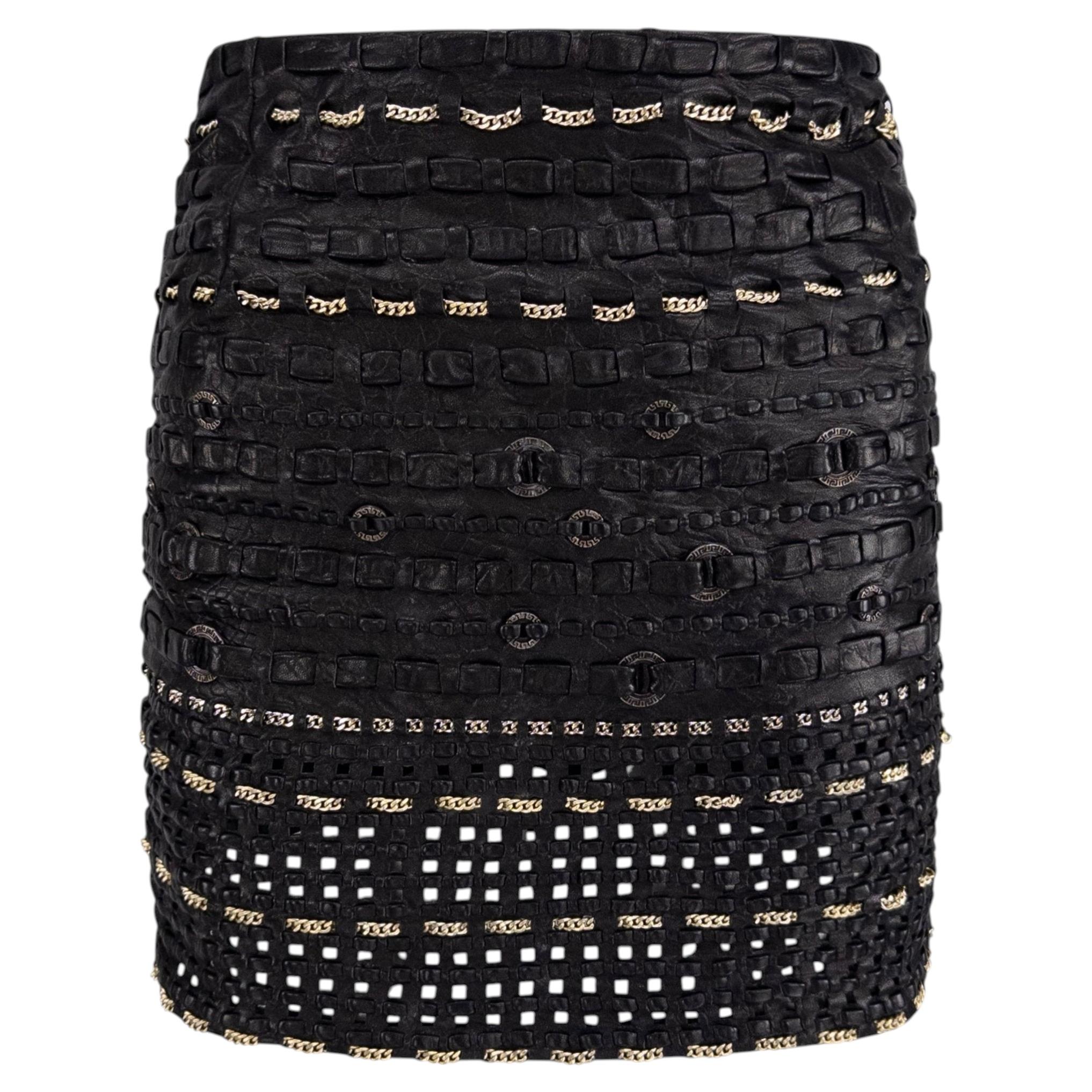 1990s Gianni Versace Black Braided Leather Chain Accent Mini Skirt