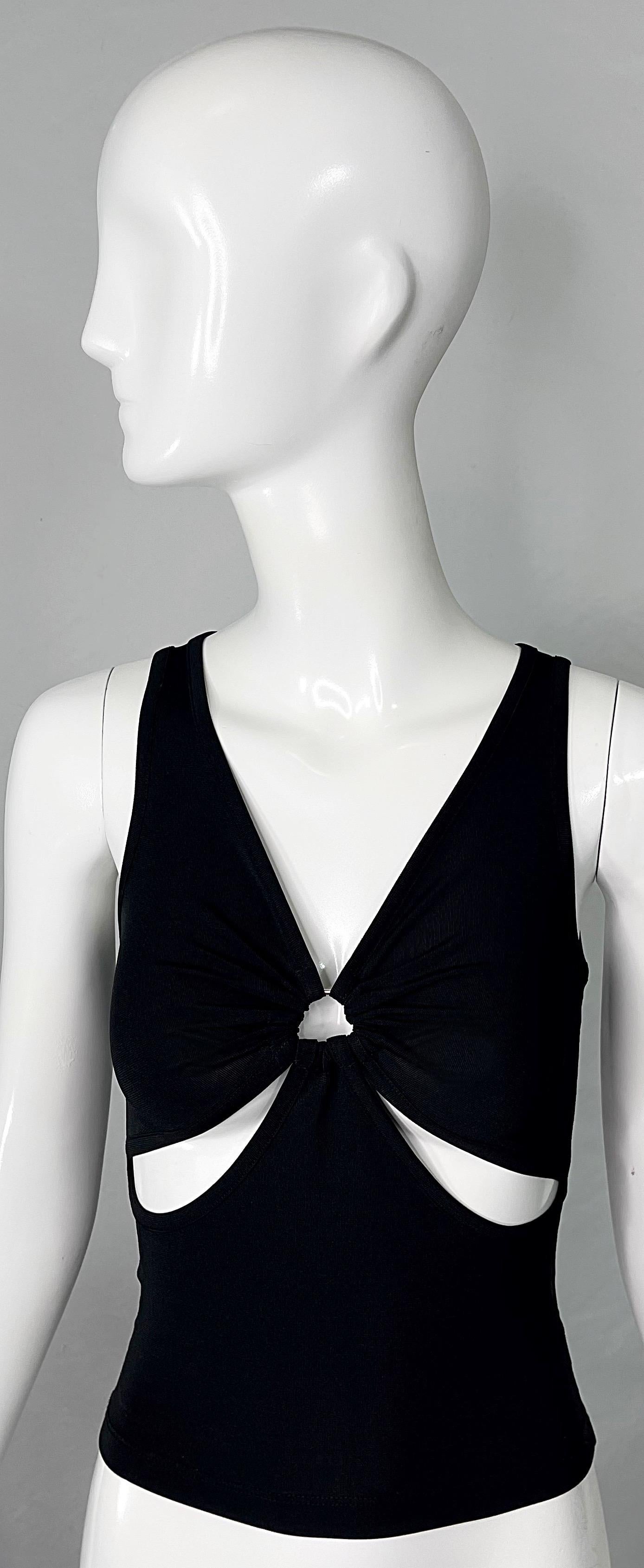 Rare sexy early Y2K 2000s GIANNI VERSACE Jeans Couture black rayon cut - out sleeveless top ! This shirt features the softest black rayon jersey, with plenty of stretch. Simply slips over the head. Cut-out details at center bust and below the bust.
