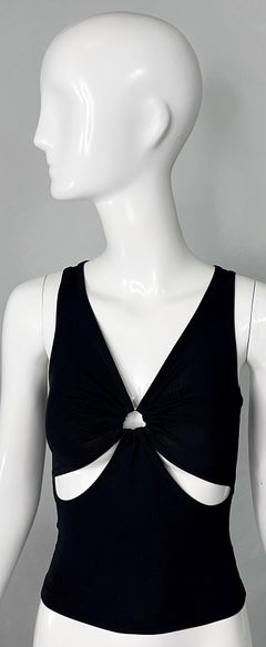 2000s Gianni Versace Black Cut - Out Logo Rayon Sexy Sleeveless Vintage 90s Top
