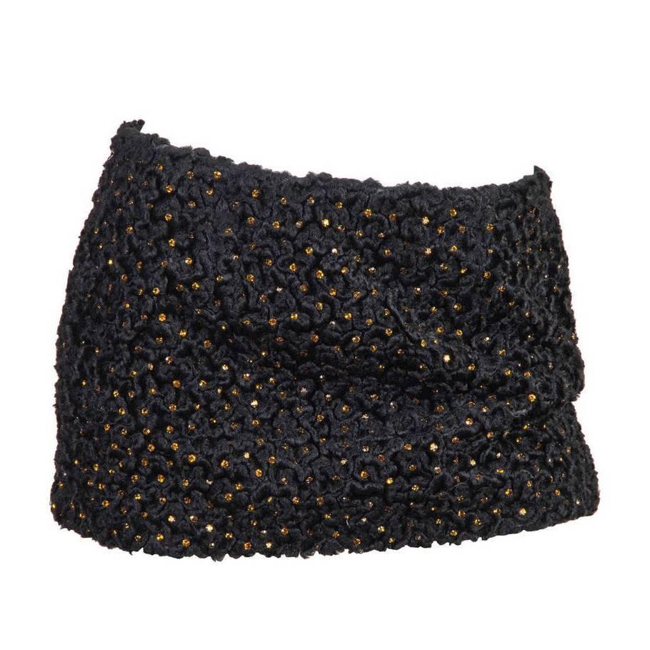 1990S GIANNI VERSACE Black Faux Curly Lamb Fur Iconic Micro Mini Skirt With Gol For Sale