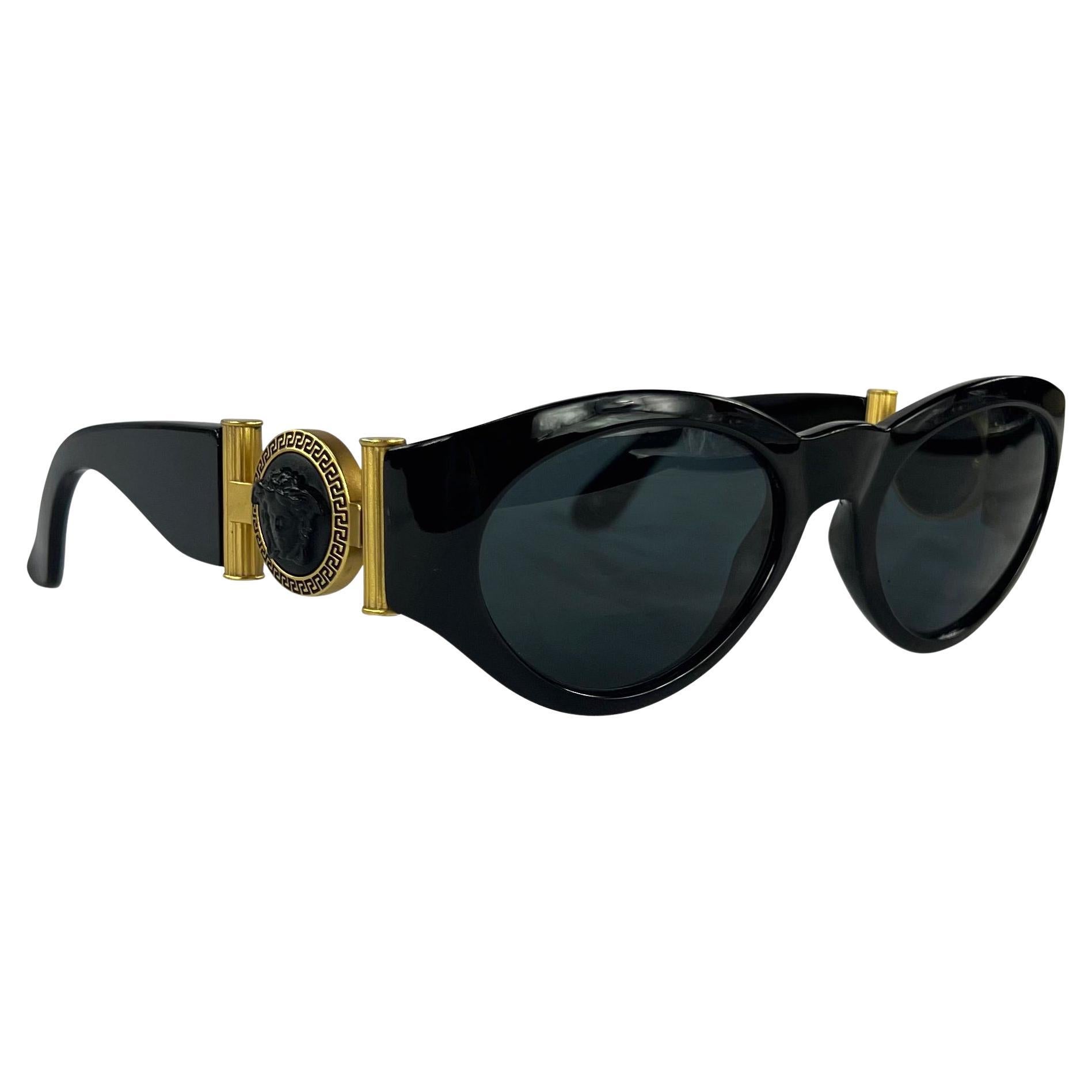 1990s Gianni Versace Black Gold Medusa Medallion Oval Sunglasses For Sale