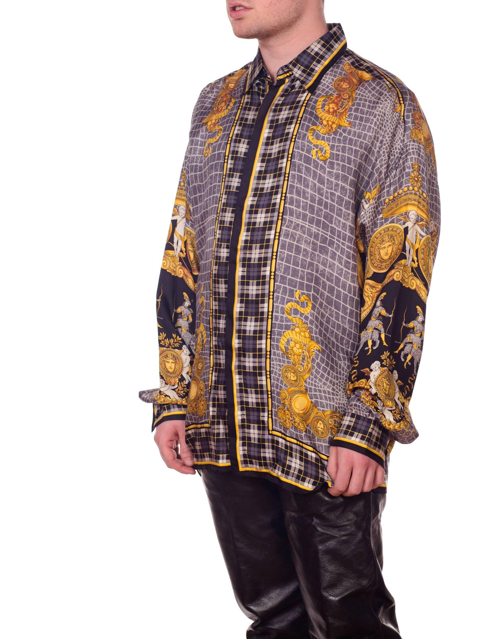 1990S GIANNI VERSACE Black & Grey Silk Twill Men's Gold Baroque Printed Shirt 8