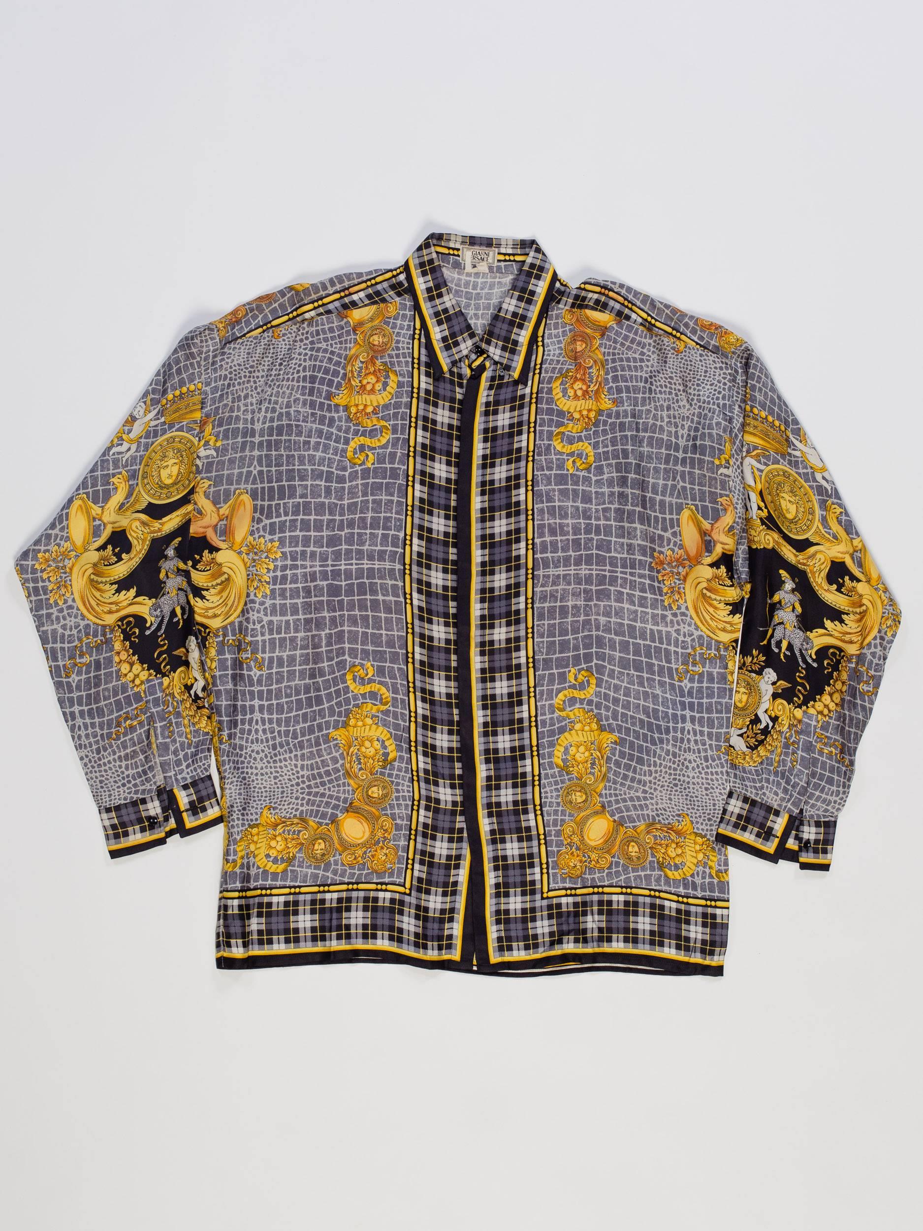 Brown 1990S GIANNI VERSACE Black & Grey Silk Twill Men's Gold Baroque Printed Shirt