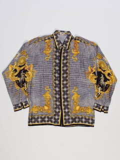1990S GIANNI VERSACE Black & Grey Silk Twill Men's Gold Baroque Printed Shirt
