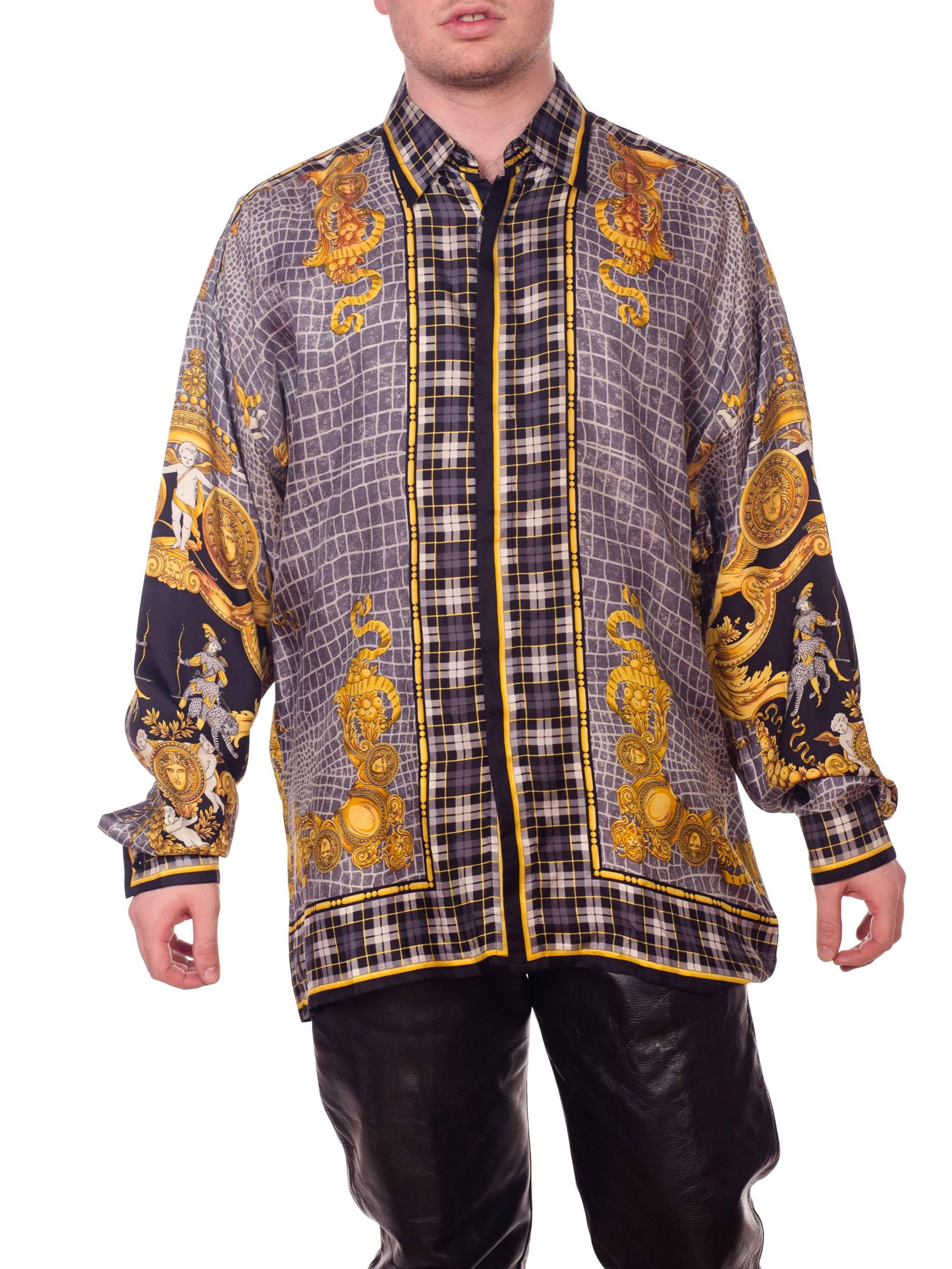 1990S GIANNI VERSACE Black & Grey Silk Twill Men's Gold Baroque Printed Shirt 2