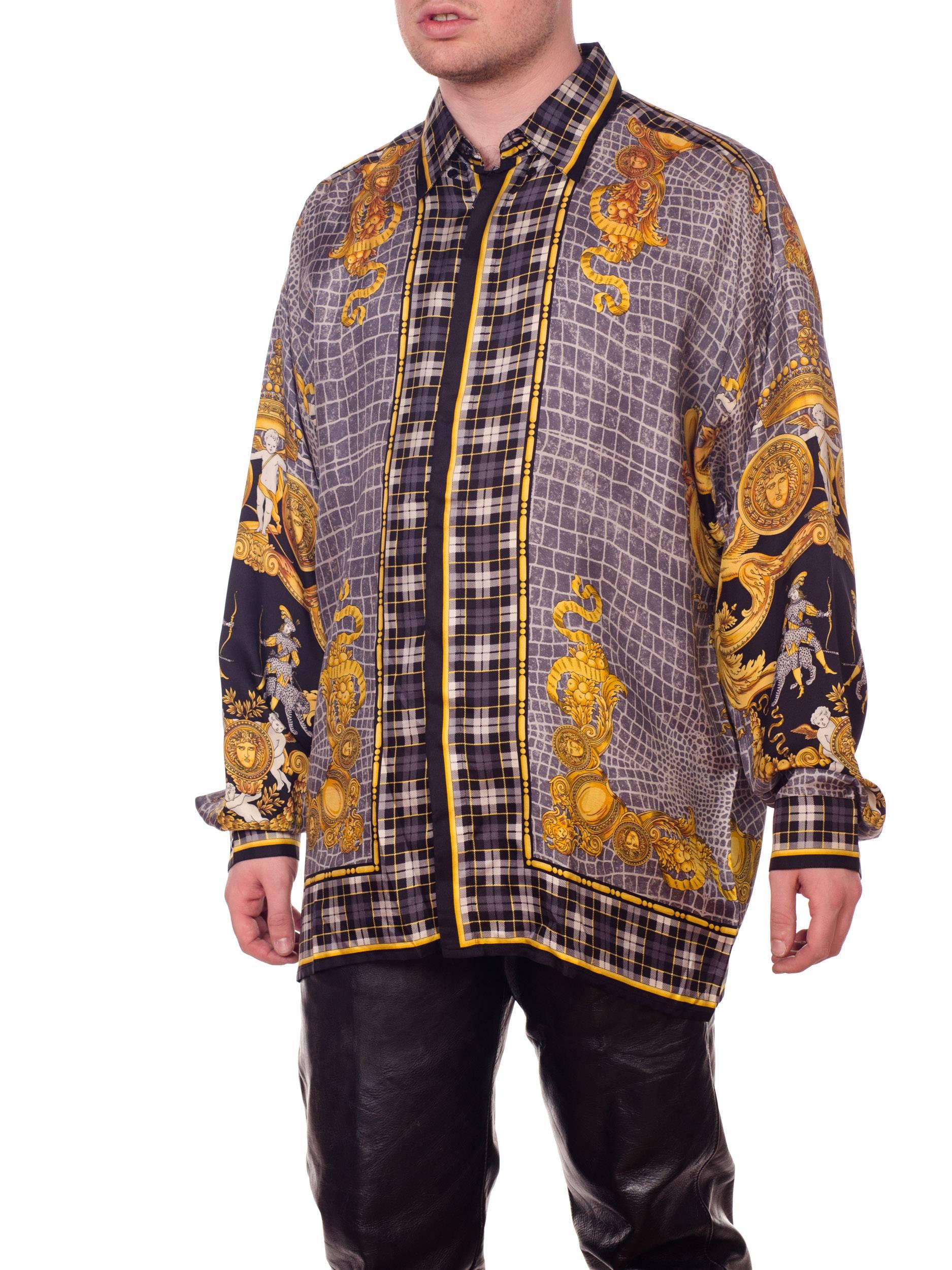 1990S GIANNI VERSACE Black & Grey Silk Twill Men's Gold Baroque Printed Shirt 3