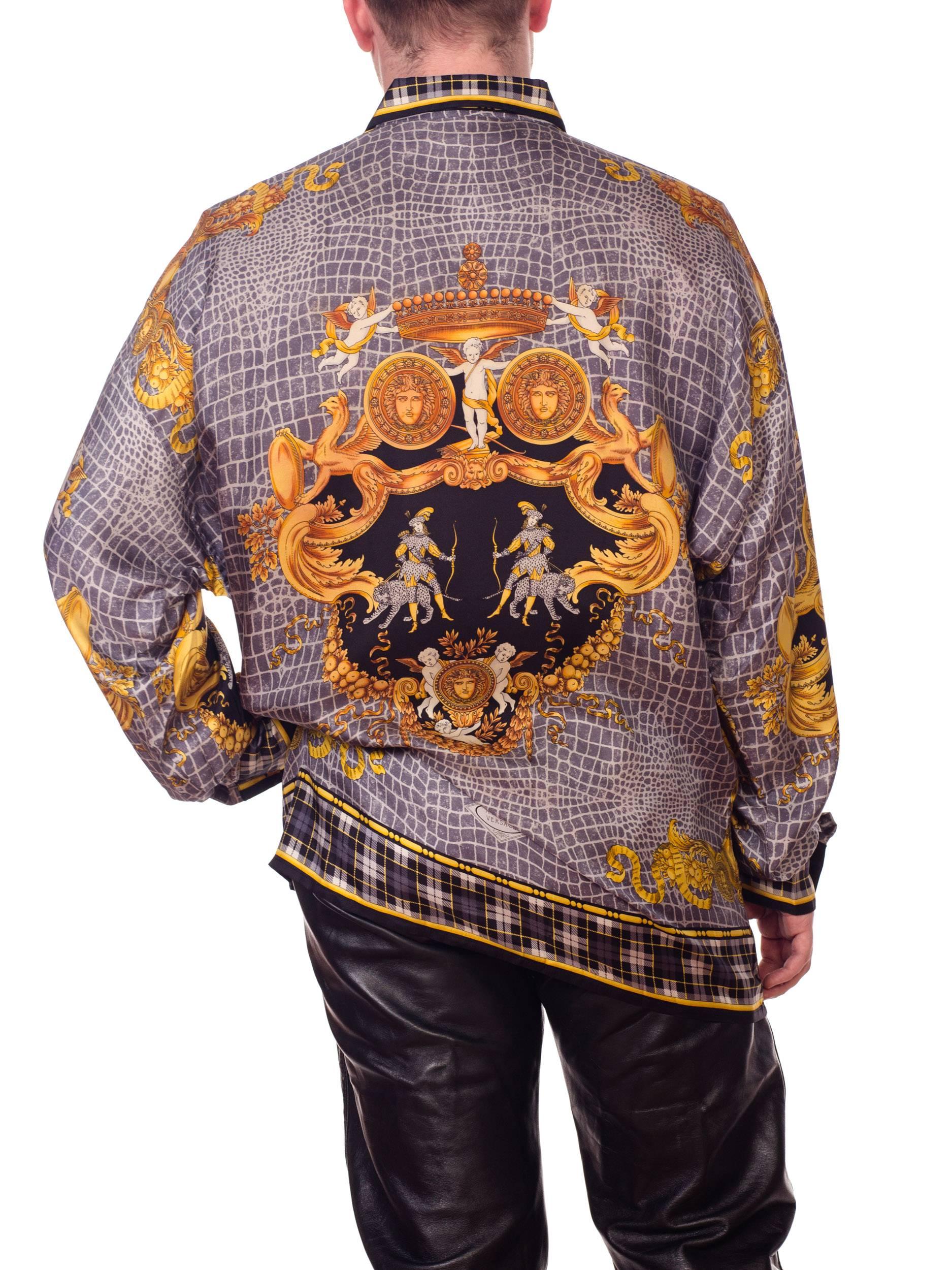 1990S GIANNI VERSACE Black & Grey Silk Twill Men's Gold Baroque Printed Shirt 6
