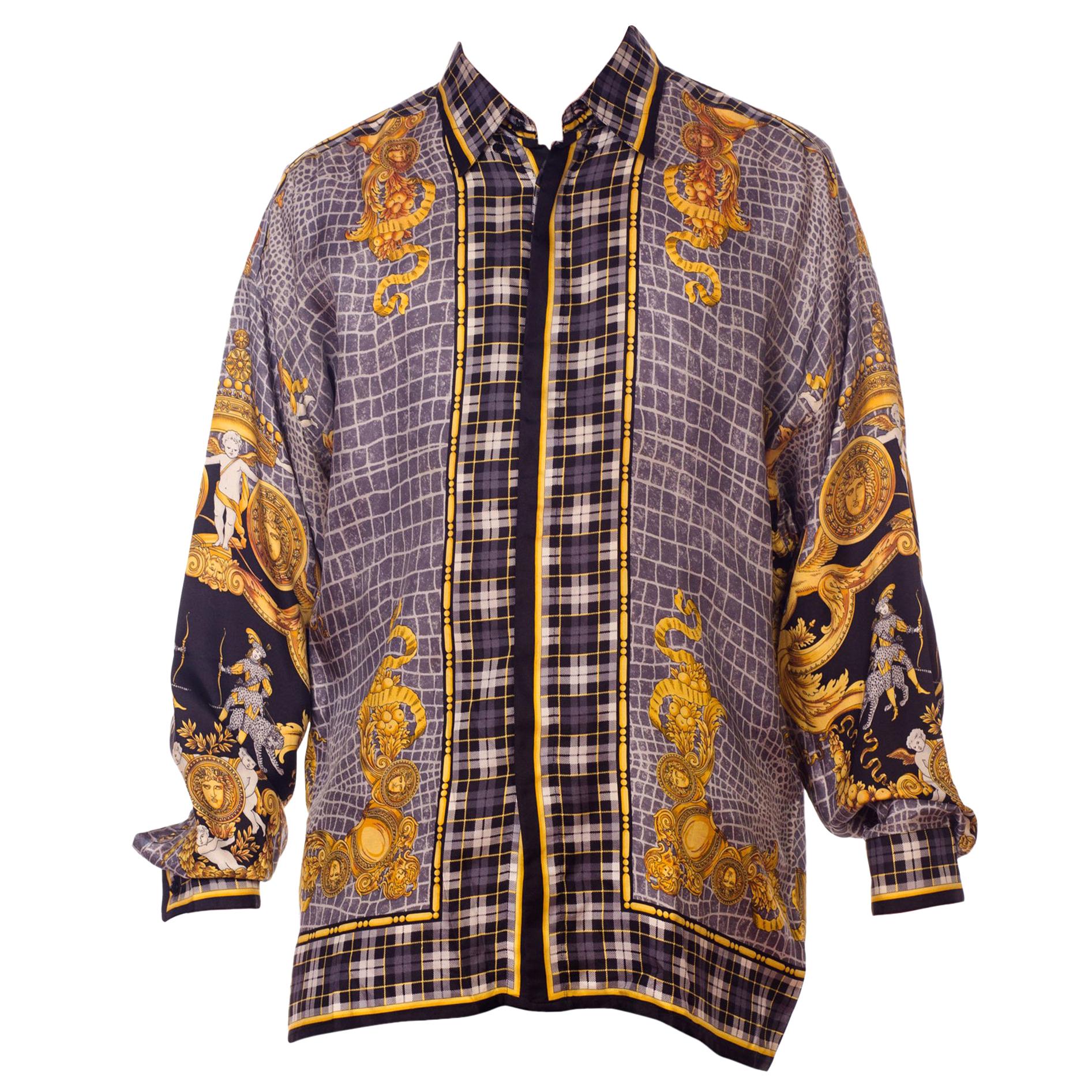 1990S GIANNI VERSACE Black & Grey Silk Twill Men's Gold Baroque Printed Shirt