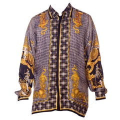Retro 1990S GIANNI VERSACE Black & Grey Silk Twill Men's Gold Baroque Printed Shirt