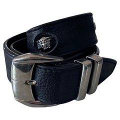 1990's GIANNI VERSACE black leather belt with silver Medusa heads & Greek key