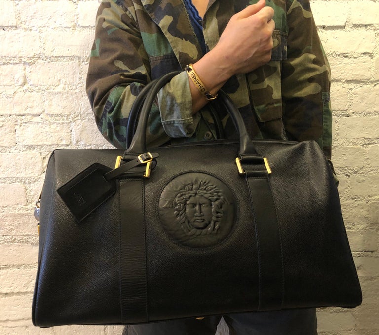 1990s Gianni Versace Black Leather Duffle Boston Bag Unisex at 