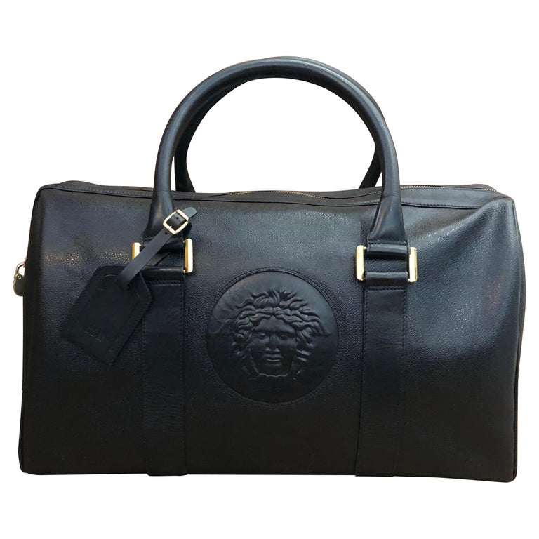 1990s Gianni Versace Black Leather Duffle Boston Bag Unisex at 