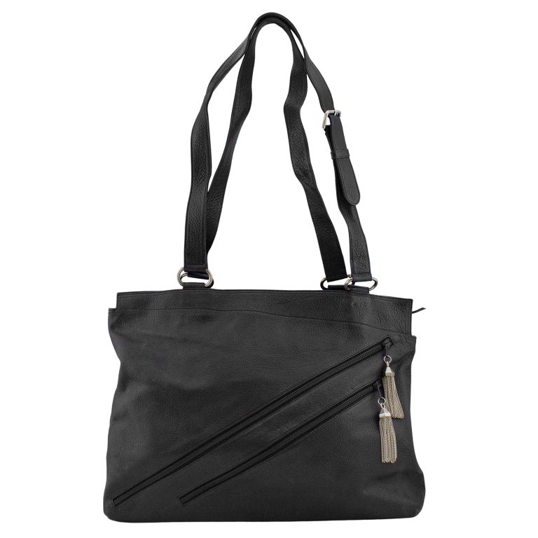 1990s Gianni Versace Black Leather Tote Bag with Zipper Details For