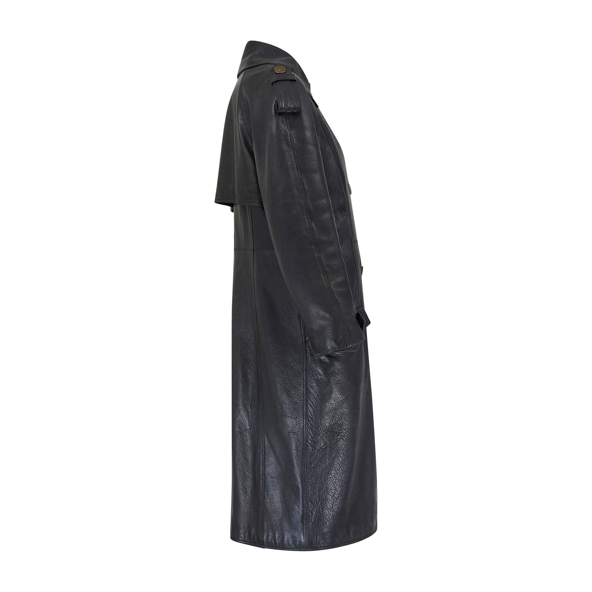 A rare vintage and collectors piece, this dramatic leather trench coat was designed by Gianni Versace and is possibly from his infamous Miss S&M collection, Autumn / Winter 1992/93.  Leather tailoring was central to these early 1990s collections and