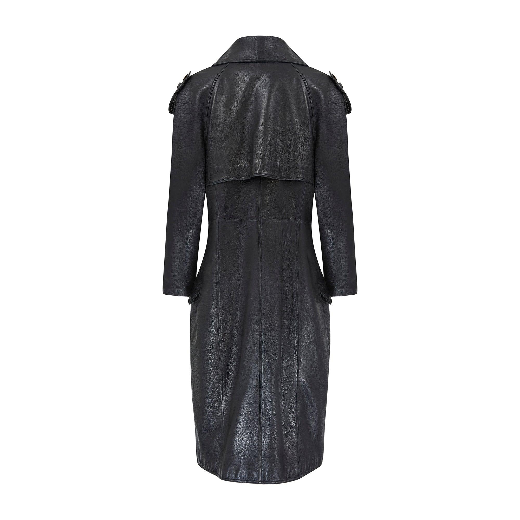 1990s Gianni Versace Black Leather Trench Coat with Medusa Buttons