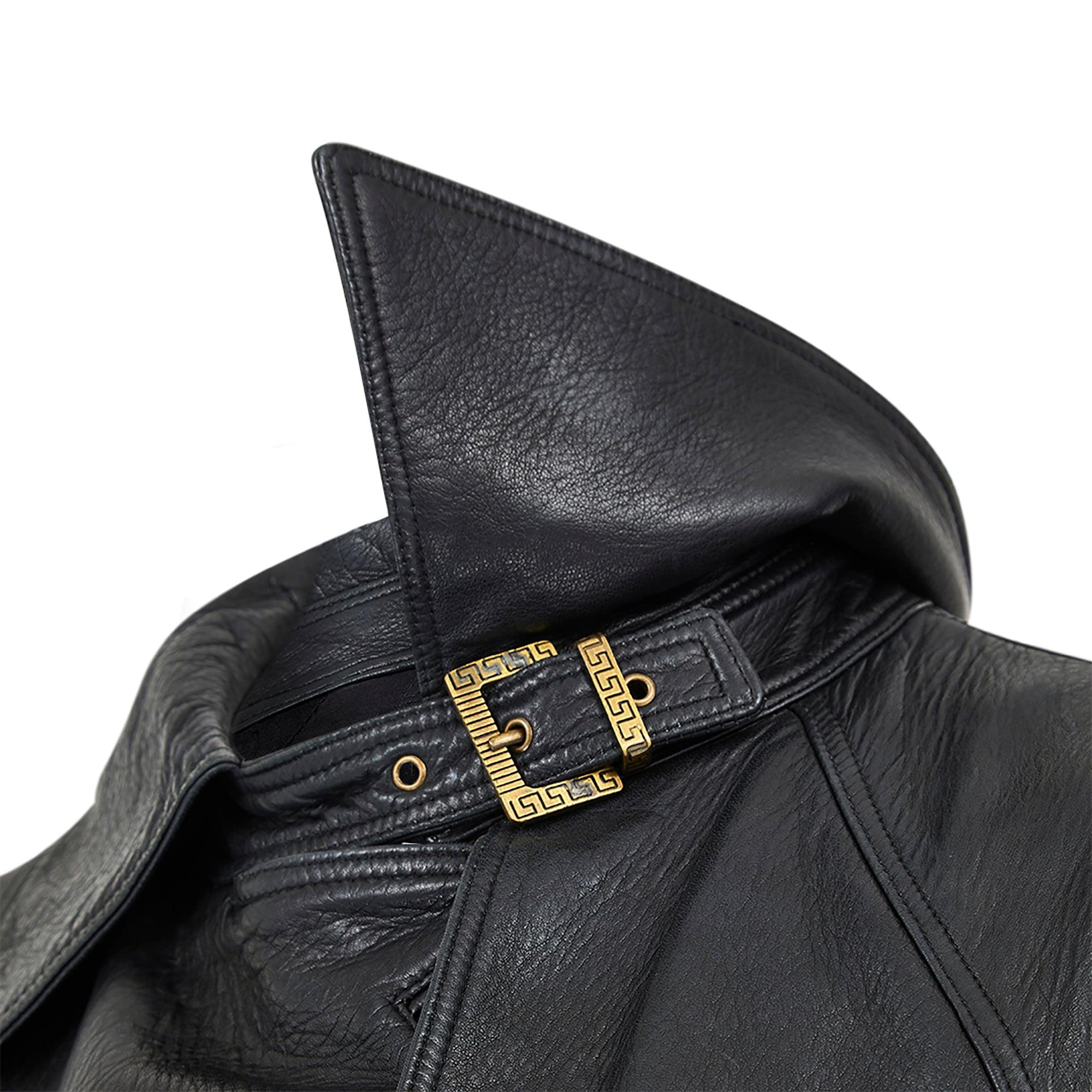 Women's 1990s Gianni Versace Black Leather Trench Coat with Medusa Buttons For Sale