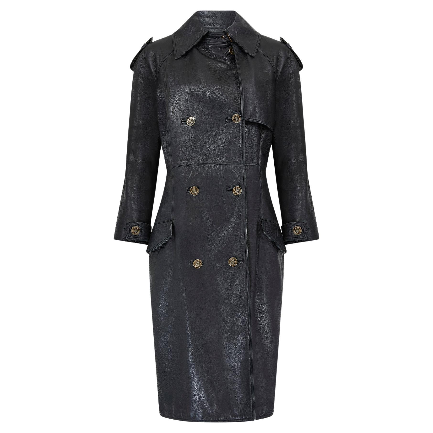 1990s Gianni Versace Black Leather Trench Coat with Medusa Buttons For Sale