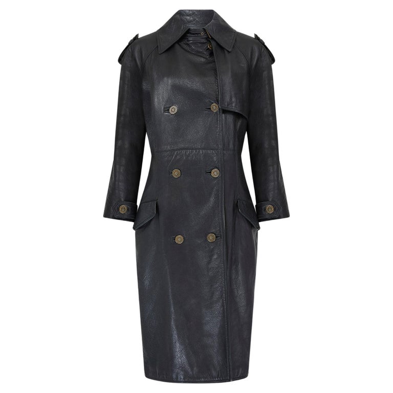 1990s Gianni Versace Black Leather Trench Coat with Medusa Buttons 
