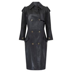 Vintage 1990s Gianni Versace Black Leather Trench Coat with Medusa Buttons