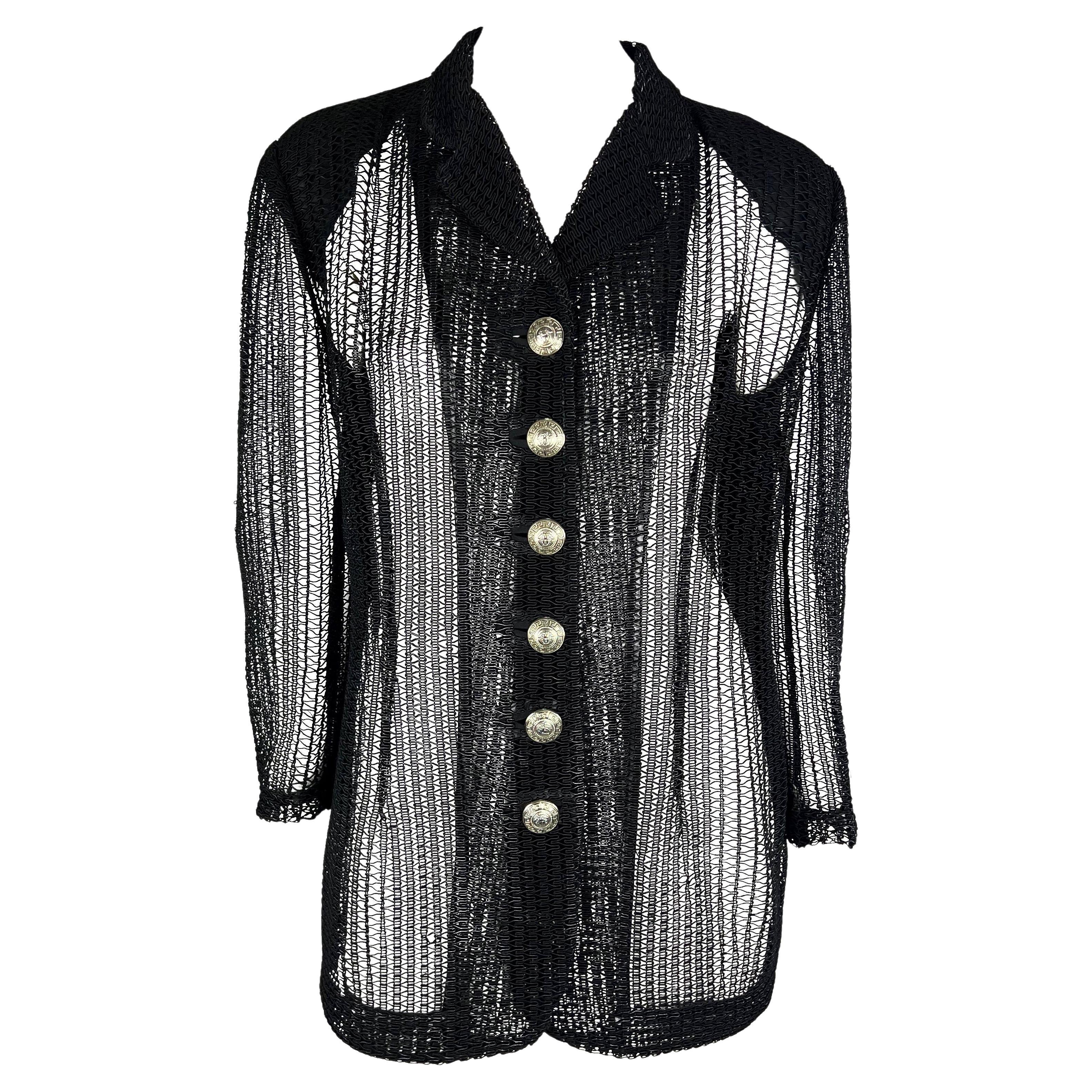 1990s Gianni Versace Black Loose Knit Sheer Oversized Medusa Jacket Blazer For Sale