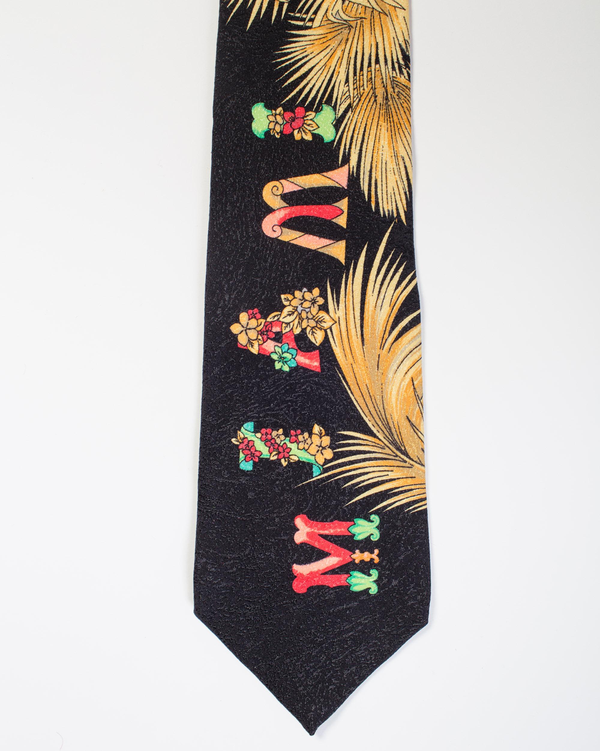 Gris 1990S GIANNI VERSACE Cravate Miami noire avec palmiers dorés en vente