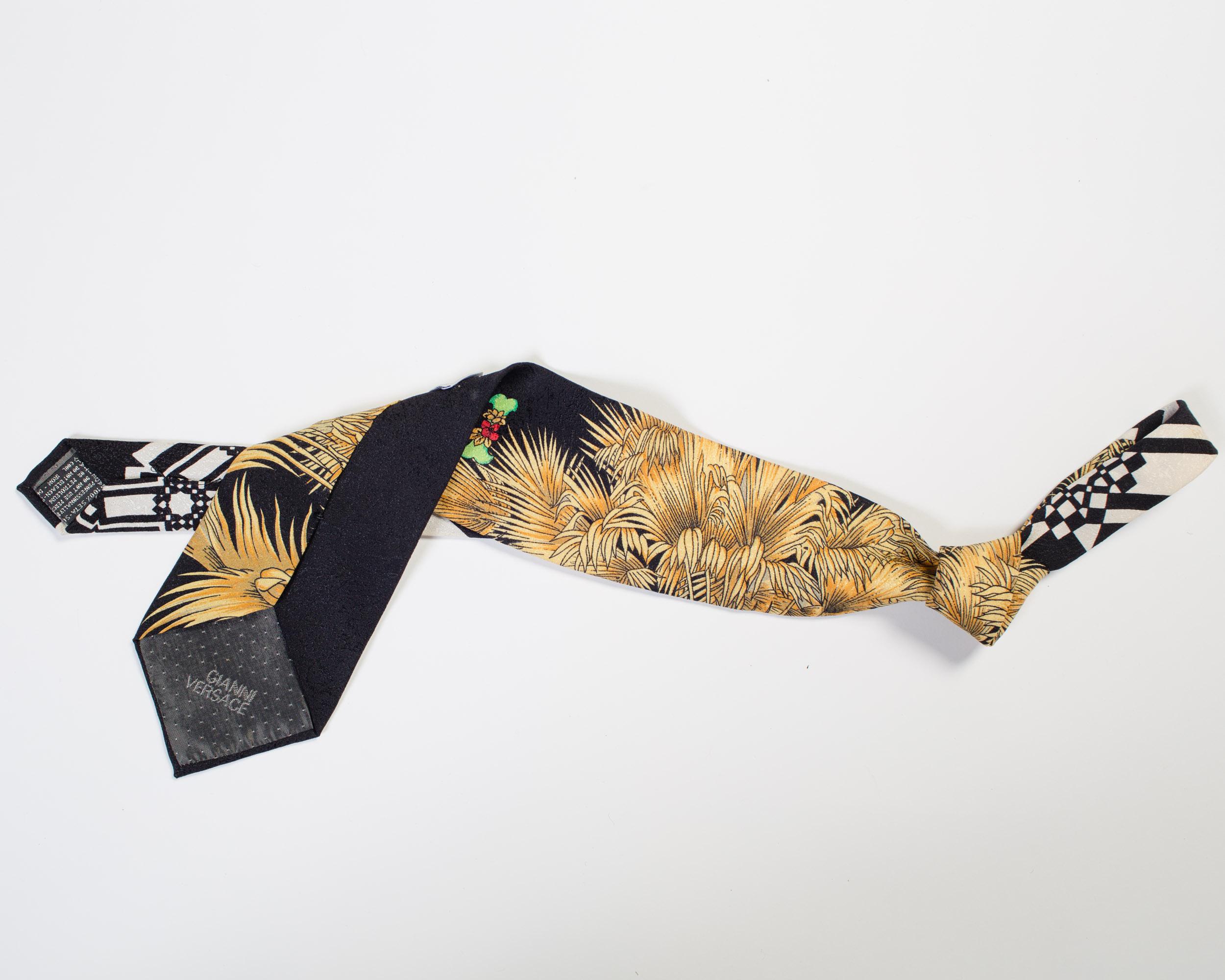Gray 1990S GIANNI VERSACE Black Miami Tie With Gold Palm Trees For Sale