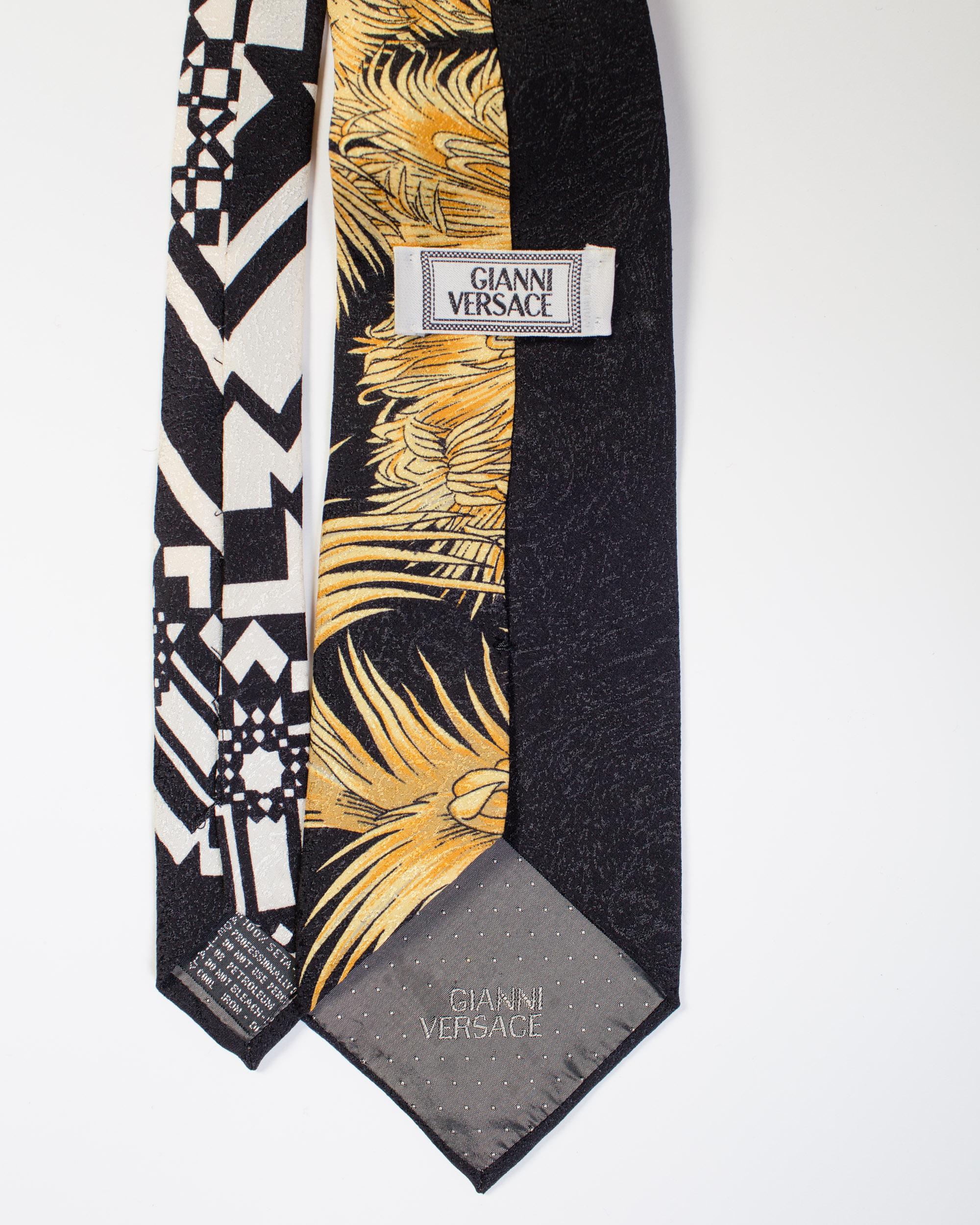 1990S GIANNI VERSACE Black Miami Tie With Gold Palm Trees In Excellent Condition For Sale In New York, NY