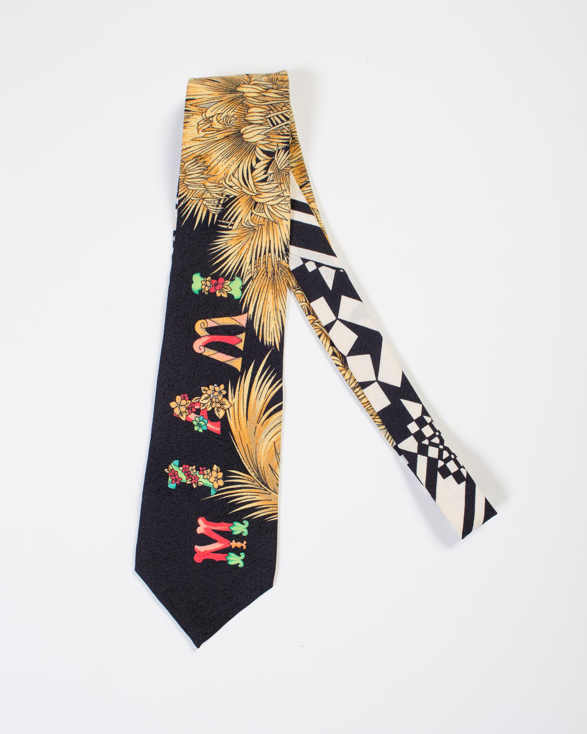 Women's 1990S GIANNI VERSACE Black Miami Tie With Gold Palm Trees For Sale