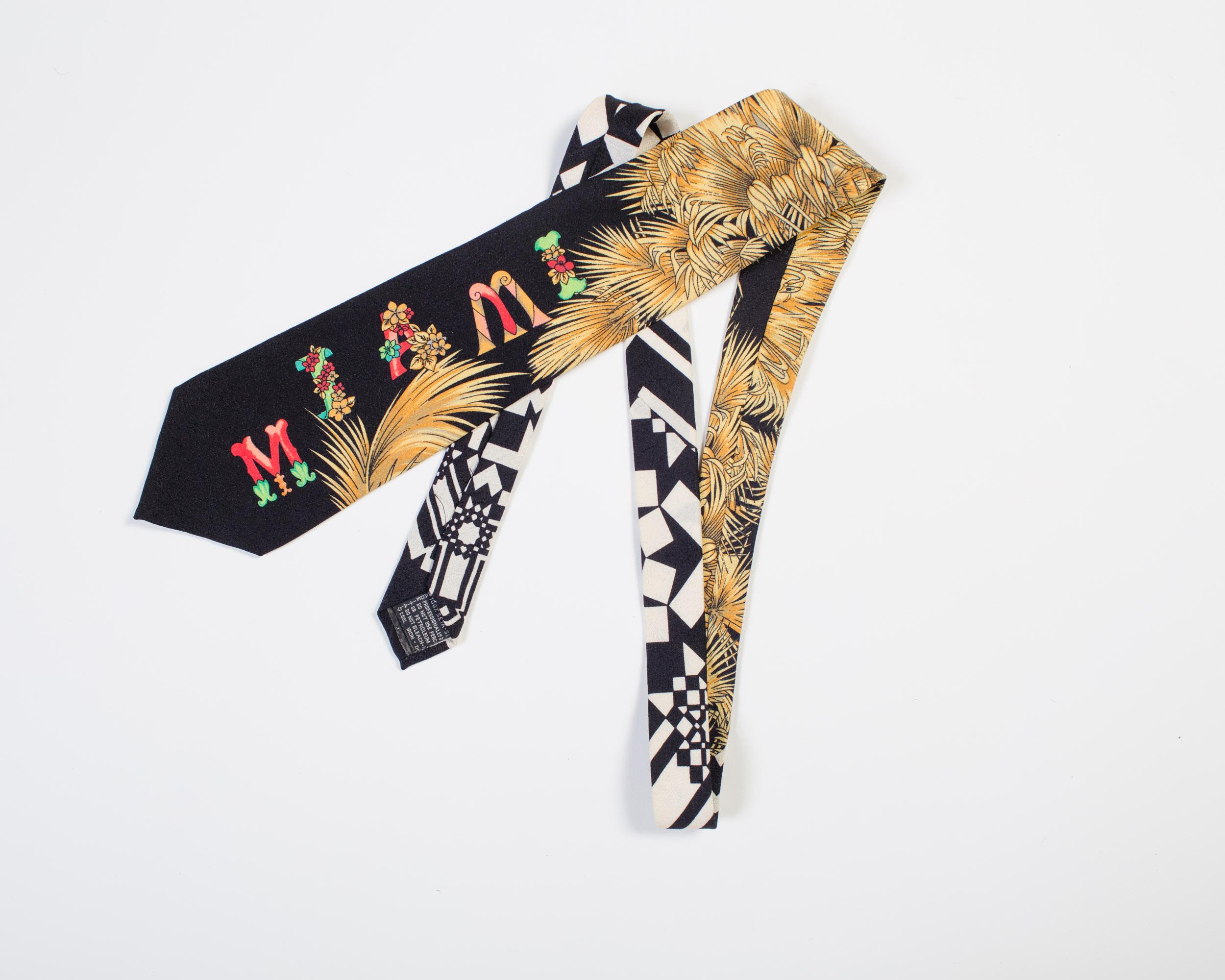 1990S GIANNI VERSACE Black Miami Tie With Gold Palm Trees For Sale 1