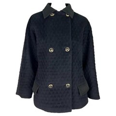 1990s Gianni Versace Black Quilted Oversized Medusa Button Car Coat