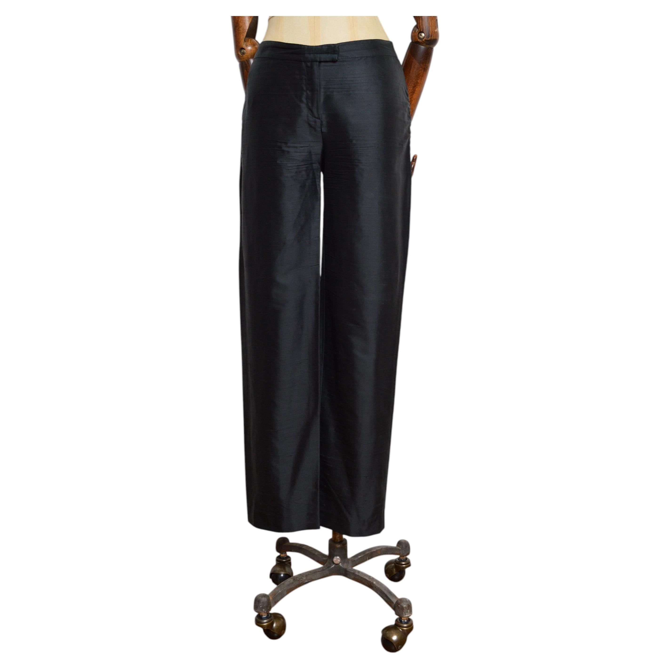 Gianni Versace 1990's Pantalon cigarette taille haute en soie brute noire - Pantalon
