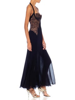 1990S Gianni Versace Black Silk Chiffon & Lace Lingerie Gown With High Slit