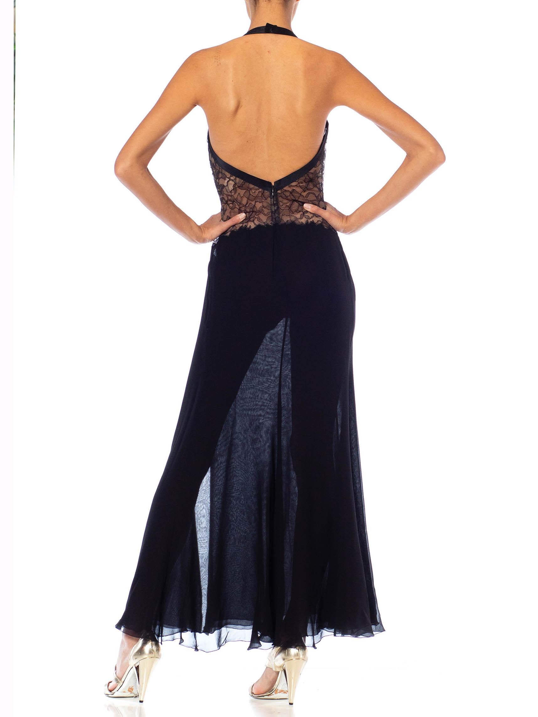 Women's 1990S Gianni Versace Black Silk Chiffon & Lace Lingerie Gown With High Slit