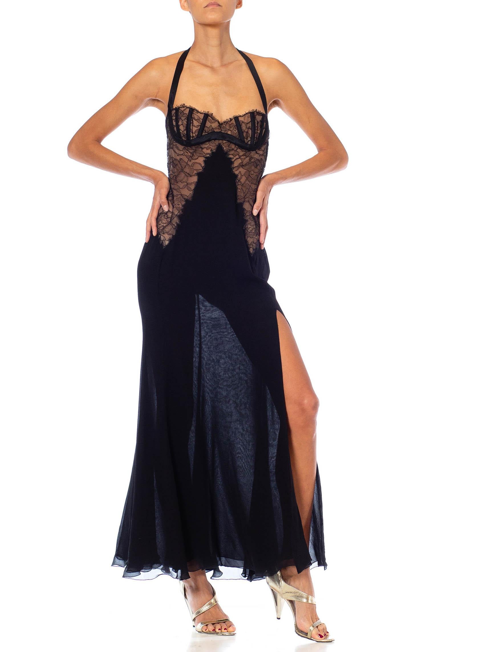 1990S Gianni Versace Black Silk Chiffon & Lace Lingerie Gown With High Slit 1