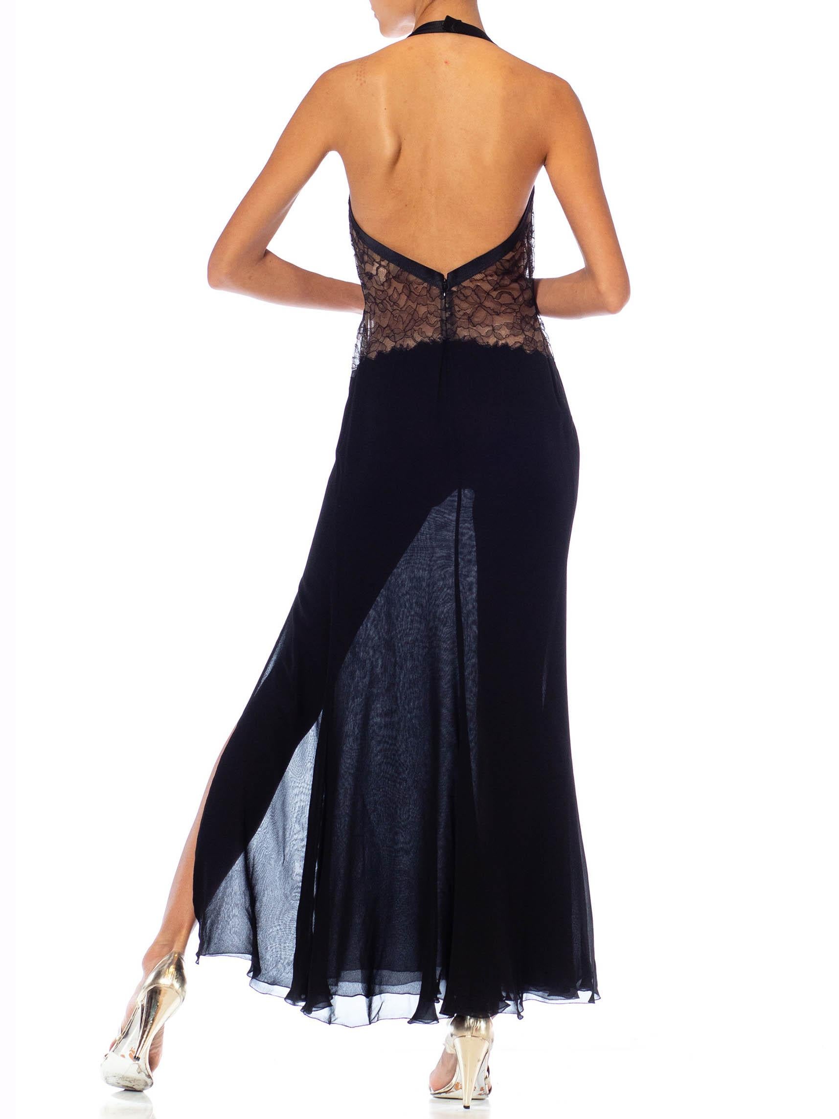 1990S Gianni Versace Black Silk Chiffon & Lace Lingerie Gown With High Slit 2