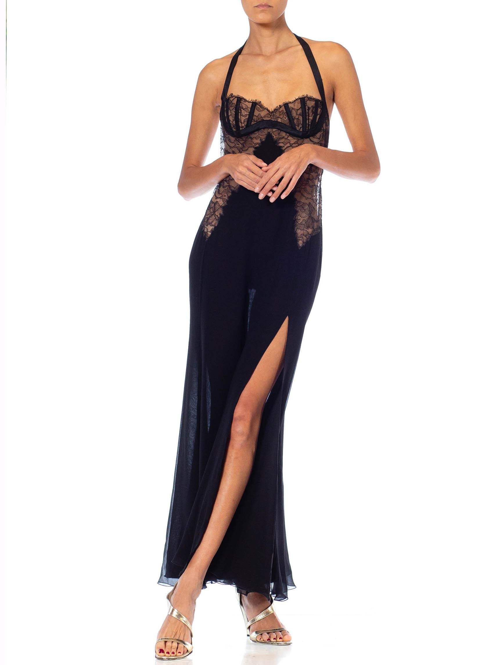1990S Gianni Versace Black Silk Chiffon & Lace Lingerie Gown With High Slit 3