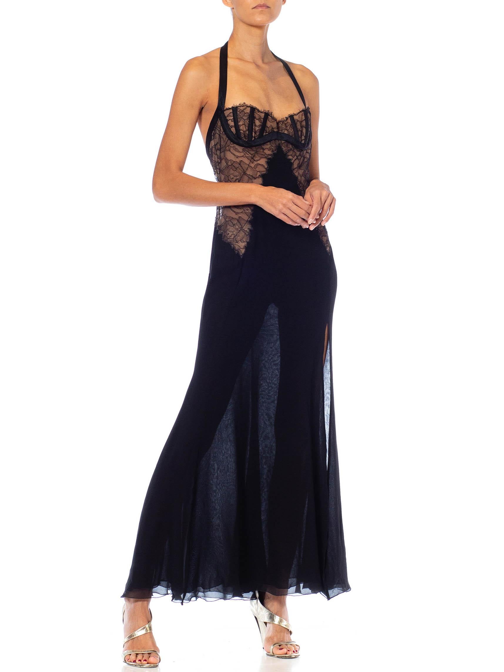 1990S Gianni Versace Black Silk Chiffon & Lace Lingerie Gown With High Slit 4