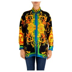 1990S Gianni Versace Black Silk Twill Shirt Miami Beach Baroque Sun